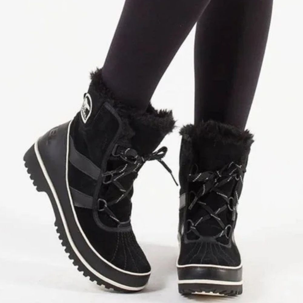 SOREL 7.5 Women’s Black White Trim Leather Suede Tivoli II Faux Fur Ankle Boots